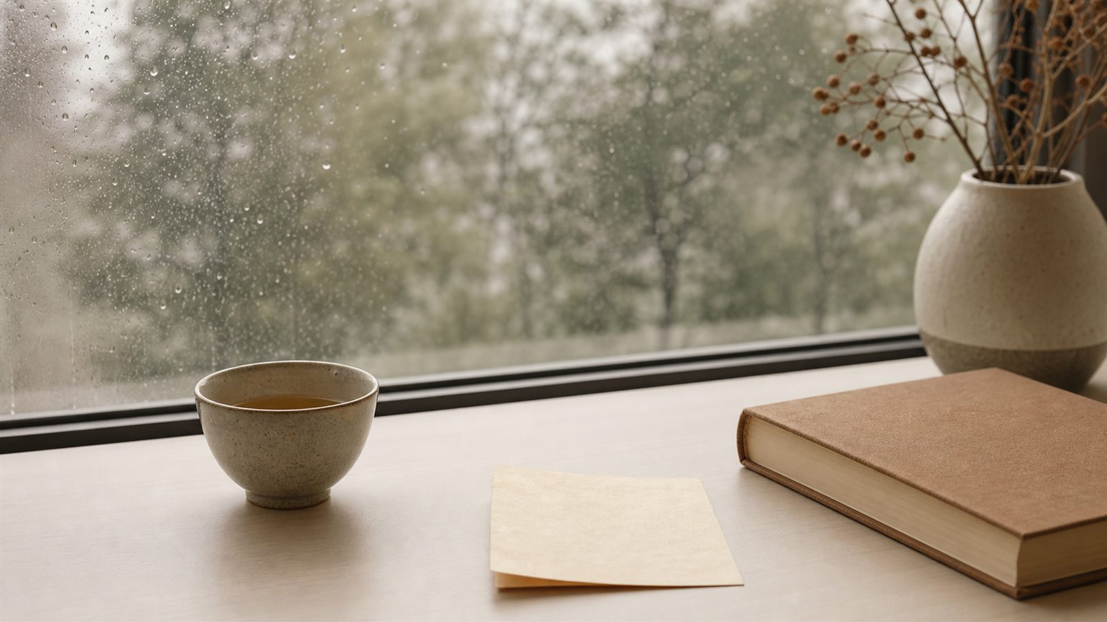 雨窗前的茶杯、书与便笺